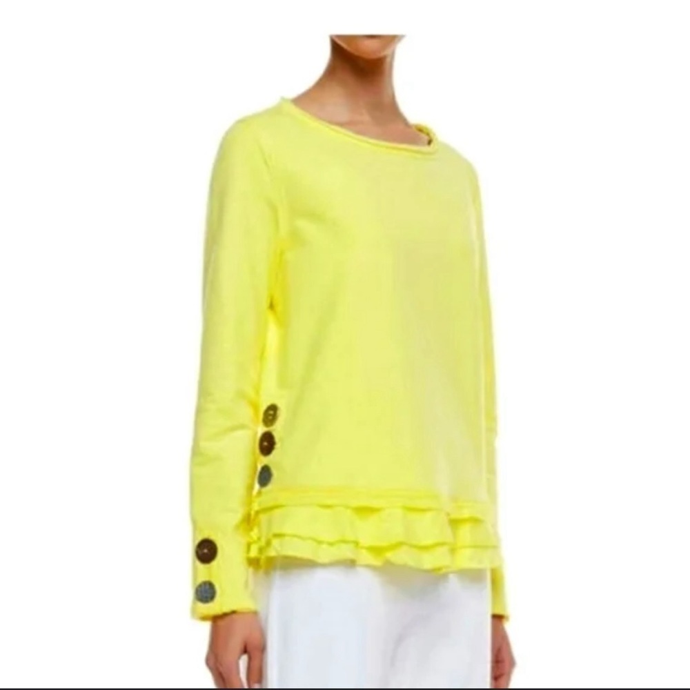 Neon Buddha Yellow Ruffle Hem Button Sweatshirt
